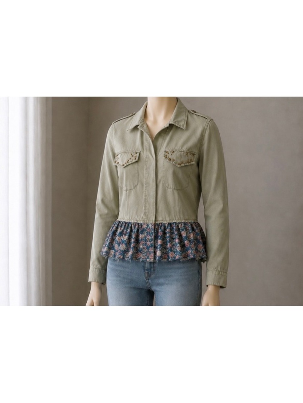 We The Free Free People M+ Green Floral Ruffle Hem Utility Jacket Shacket